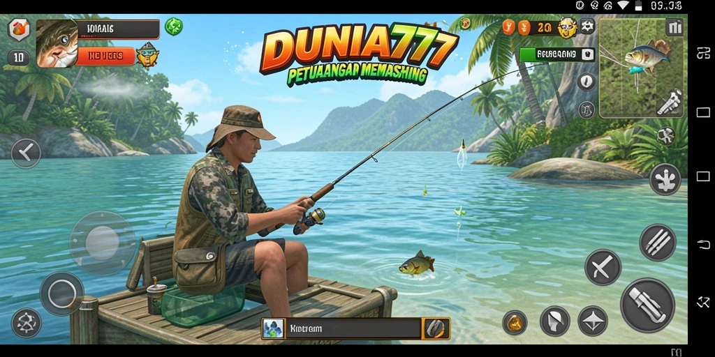 Tampilan gameplay <strong>DUNIA77</strong> saat memancing di bawah sinar matahari.