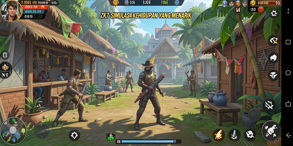 Tangkapan layar dari gameplay <strong>ZK7</strong> yang menunjukkan interaksi sosial dan pembangunan.